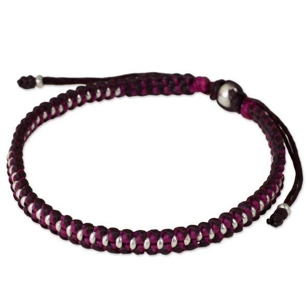 Alternate image for Artisan Crafted Braided Bracelet with Silver Beads Bringing Friendship in Magenta