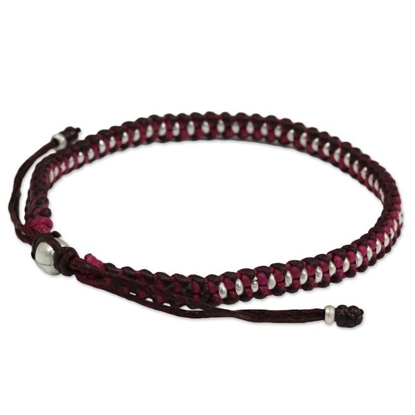 Alternate image for Artisan Crafted Braided Bracelet with Silver Beads Bringing Friendship in Magenta