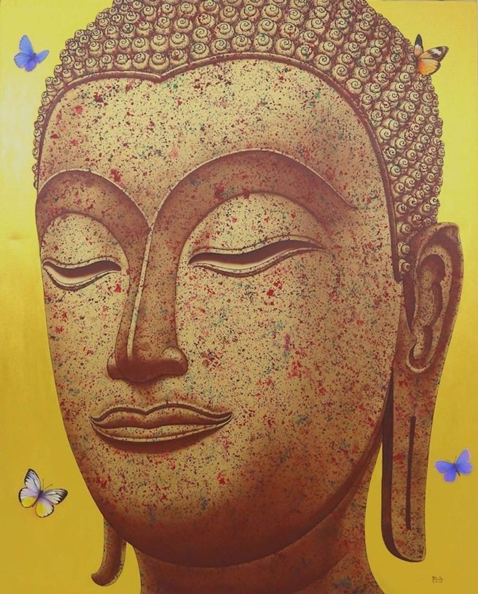 Thai Painting of Golden Sukhothai Buddha with Butterflies 'Buddha Image in Gold II'