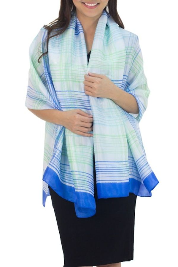 Alternate image for Blue and White Handcrafted Silk Blend Shawl with Green Cool Blue Plaid