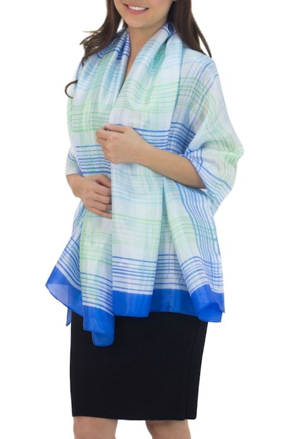 Alternate image for Blue and White Handcrafted Silk Blend Shawl with Green Cool Blue Plaid