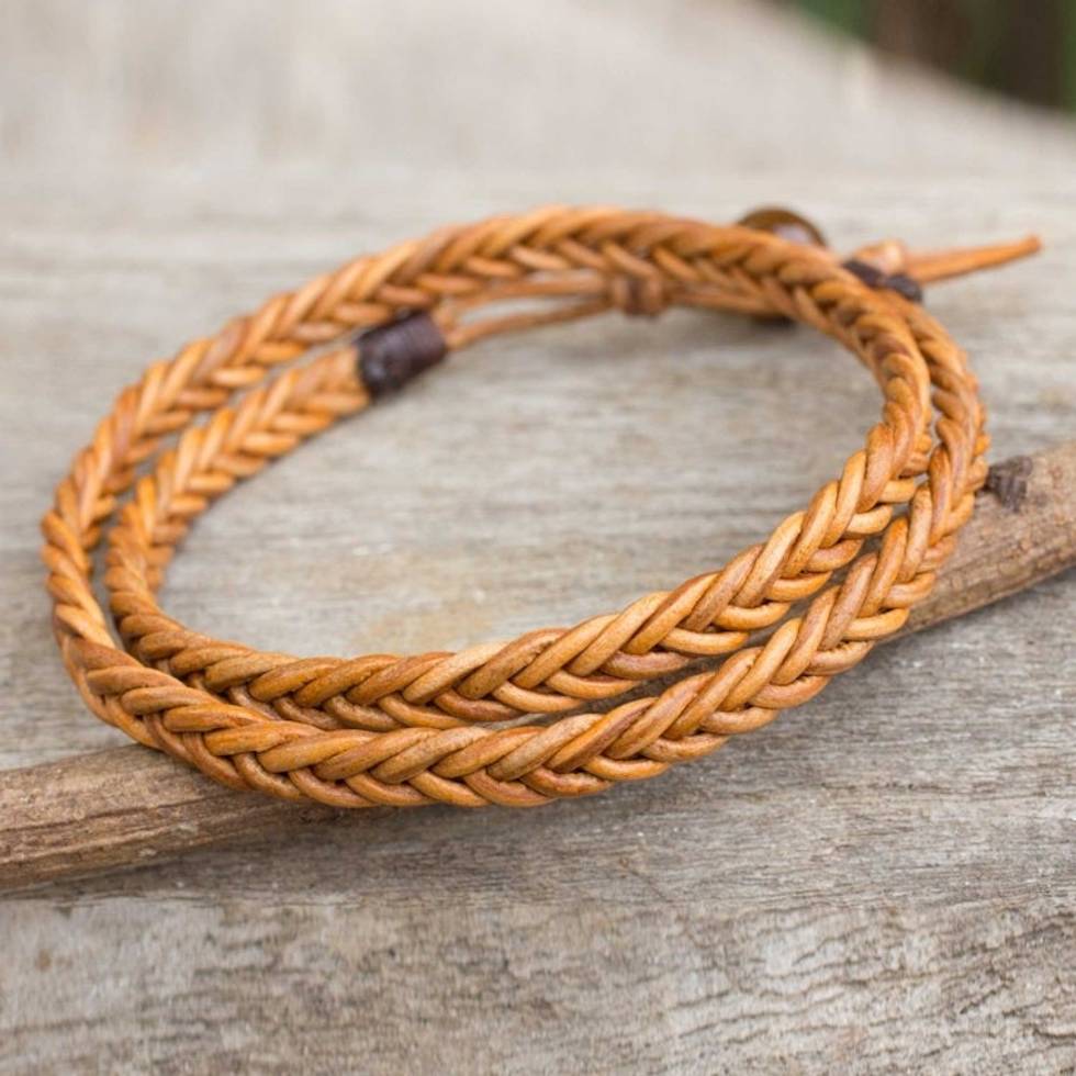 Golden Brown Leather Braid Wrap Bracelet for Men 'Double Hug'