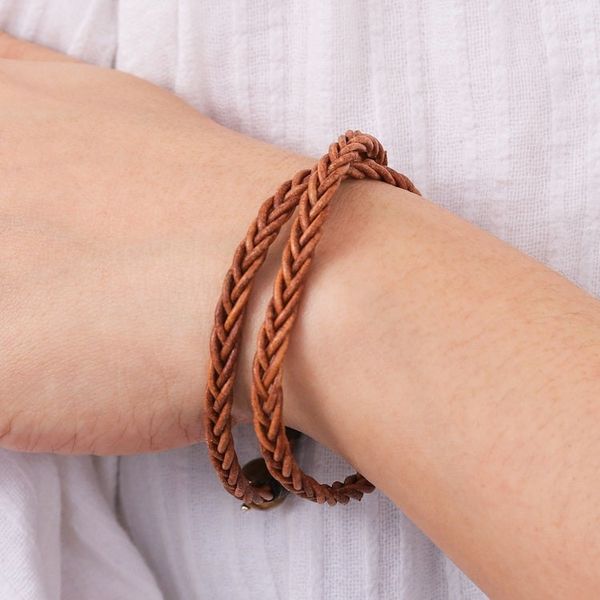 Alternate image for Golden Brown Leather Braid Wrap Bracelet for Men Double Hug