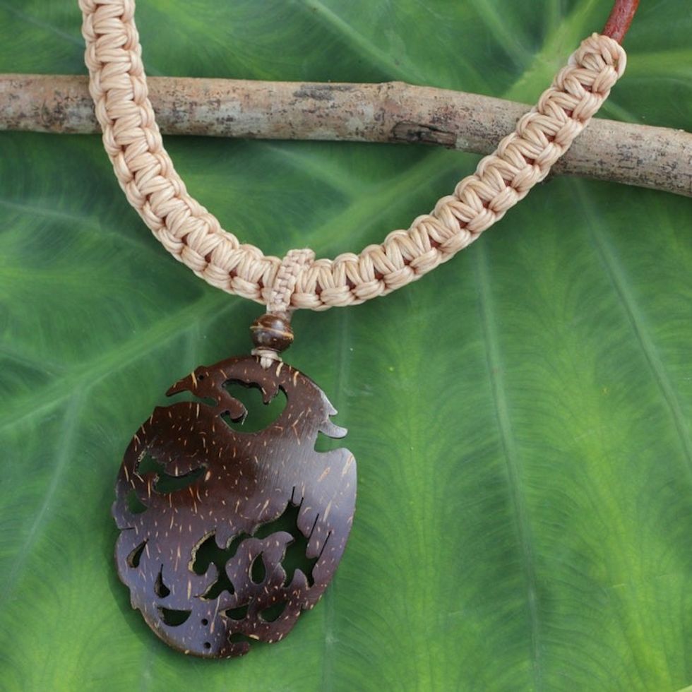 Hand Carved Coconut Shell Pendant on Leather Necklace 'Thai Phoenix in Light Tan'