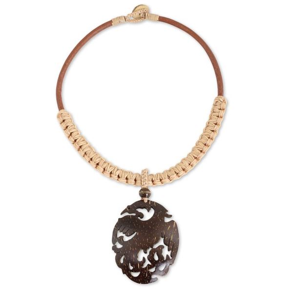 Alternate image for Hand Carved Coconut Shell Pendant on Leather Necklace Thai Phoenix in Light Tan