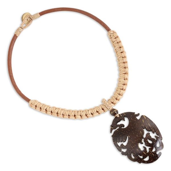 Alternate image for Hand Carved Coconut Shell Pendant on Leather Necklace Thai Phoenix in Light Tan