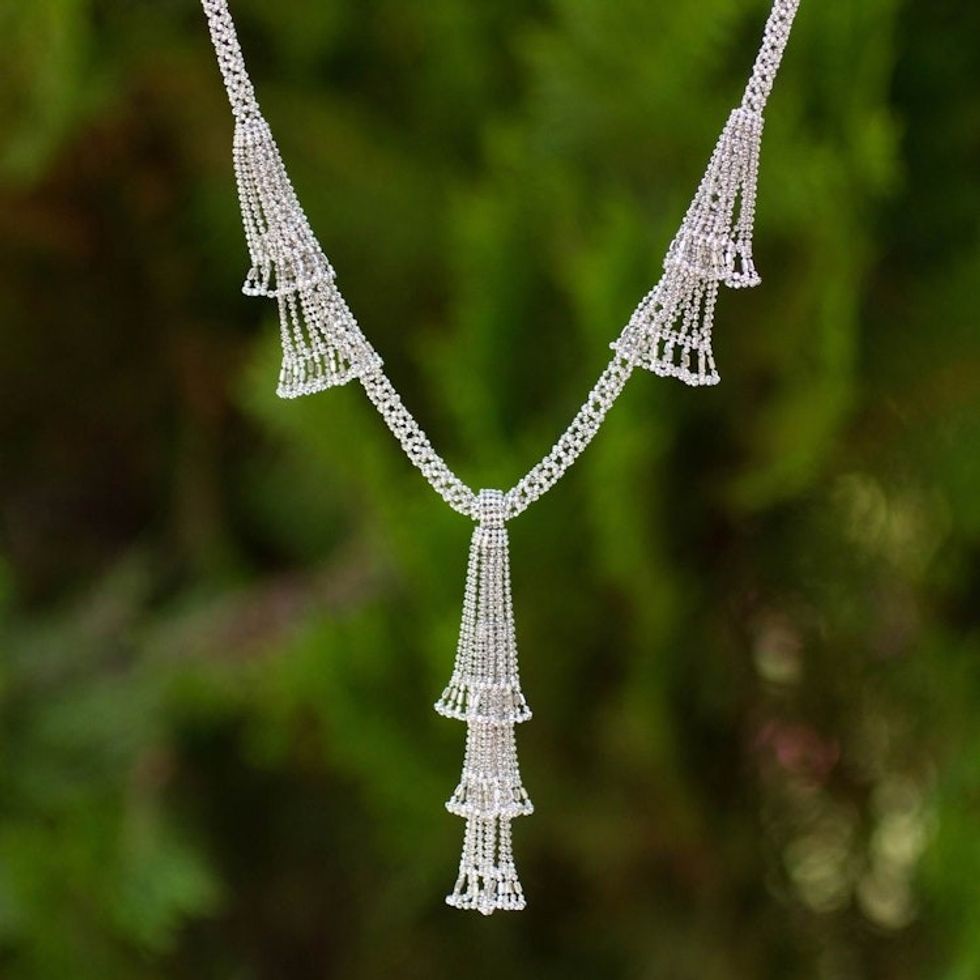 Ornate Sterling Silver 925 Ball Chain Y Necklace 'Regal Cascade'