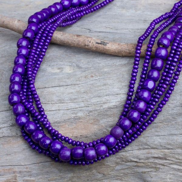 Alternate image for Purple Wood Bead Necklace Hand Crafted in Thailand Orchid Dance