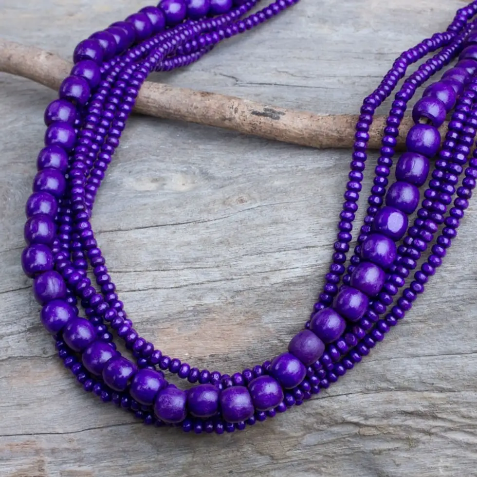 Purple Wood Bead Necklace Hand Crafted in Thailand 'Orchid Dance'