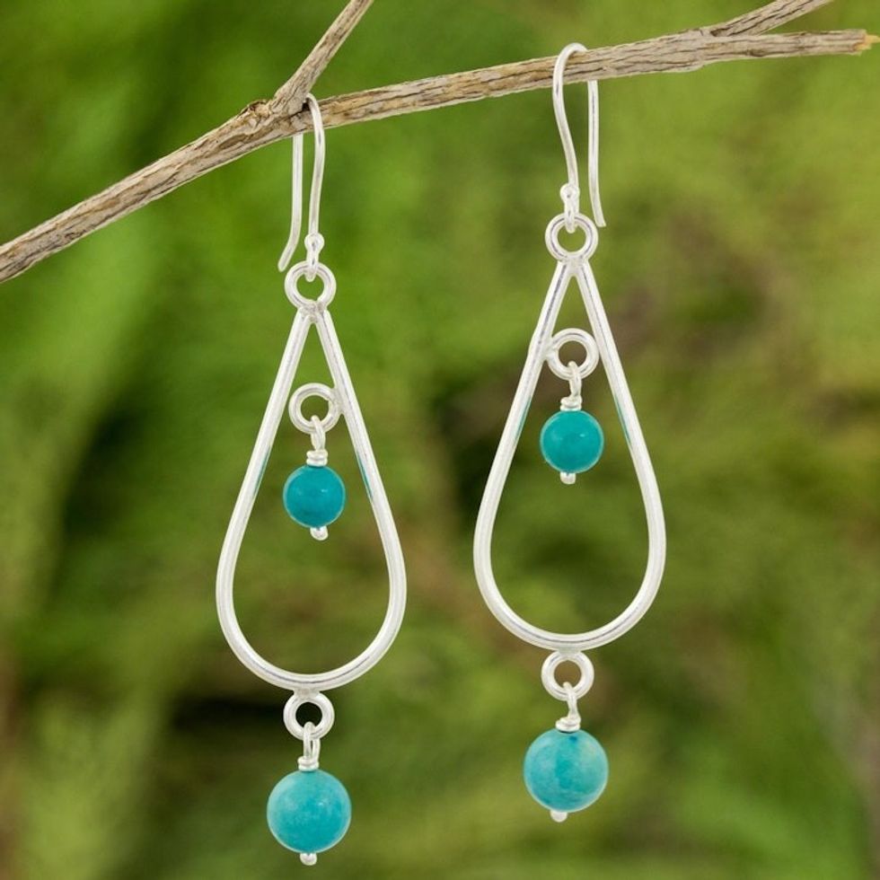Artisan Crafted Calcite and Sterling Silver Dangle Earrings 'Blue-Green Cascade'