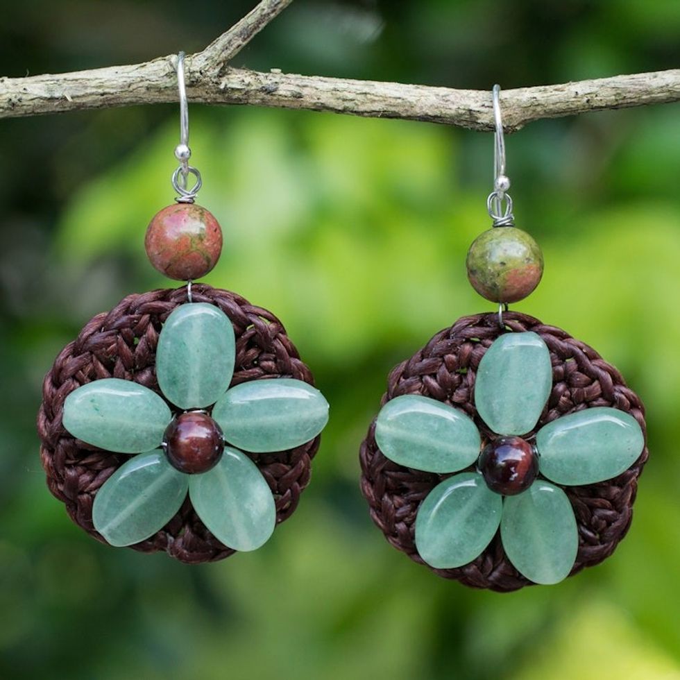 Crocheted Green Quartz Flower Earrings from Thailand 'Pastel Daisy'