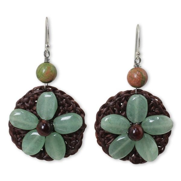 Alternate image for Crocheted Green Quartz Flower Earrings from Thailand Pastel Daisy