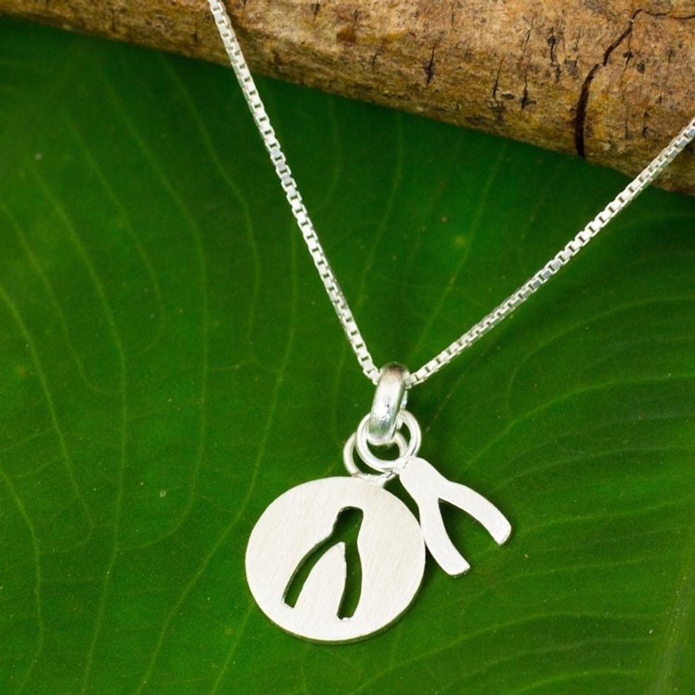 Thai Brushed Sterling Silver Wishbone Pendant Necklace 'Wishbone Silhouette'