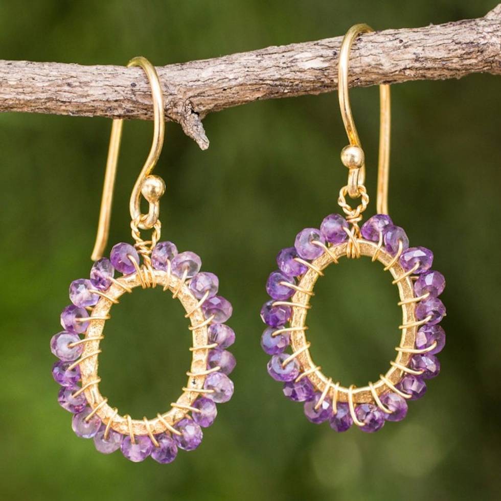 24k Gold Plated Hand Knotted Amethyst Earrings from Thailand 'Treasure'