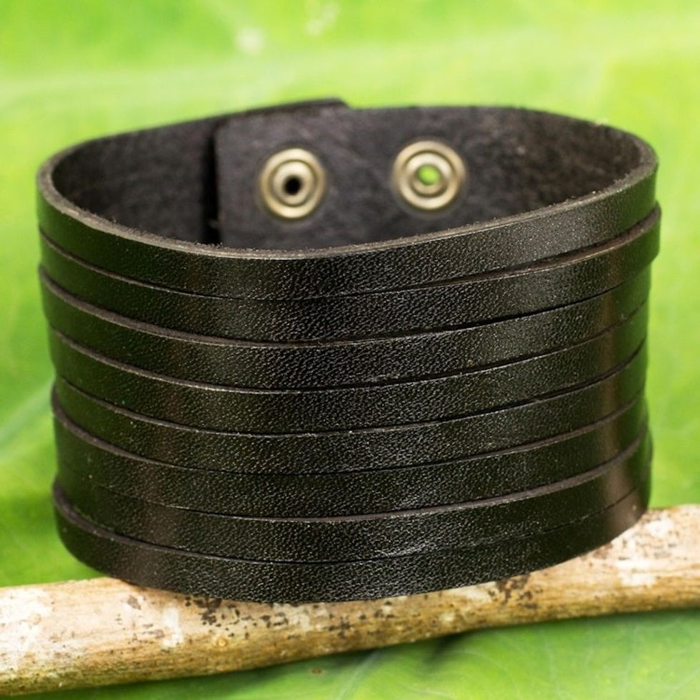 Black Leather Wristband Bracelet for Men from Thai Artisan 'Lanna Destiny'