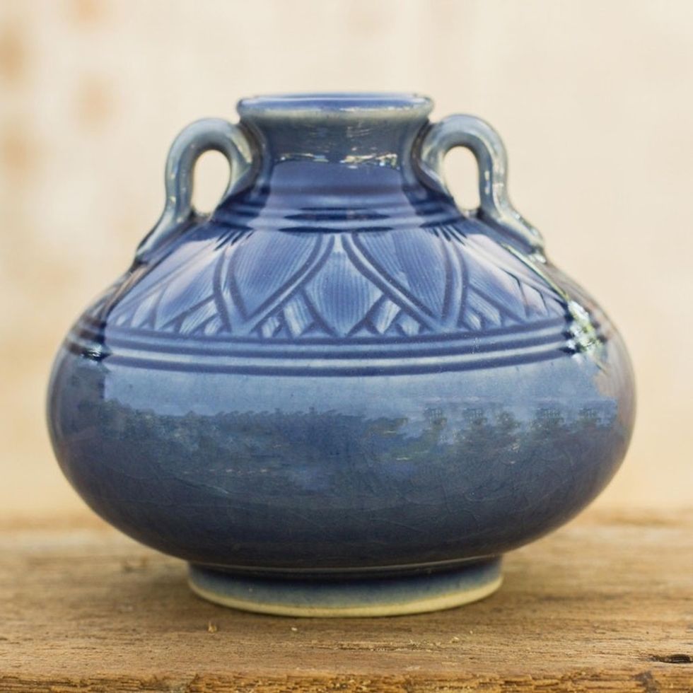 Dark Blue Classic Thai Celadon Ceramic Vase 'Sawankhalok Sapphire Lotus'