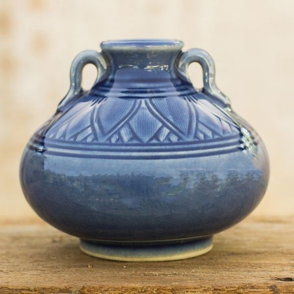 Alternate image for Dark Blue Classic Thai Celadon Ceramic Vase Sawankhalok Sapphire Lotus