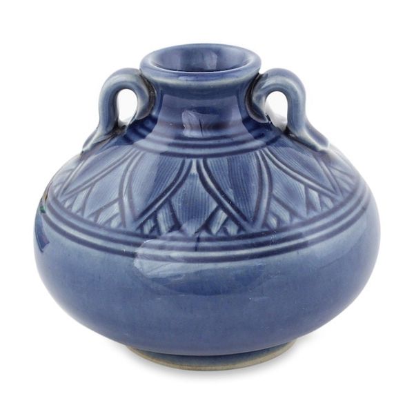 Alternate image for Dark Blue Classic Thai Celadon Ceramic Vase Sawankhalok Sapphire Lotus