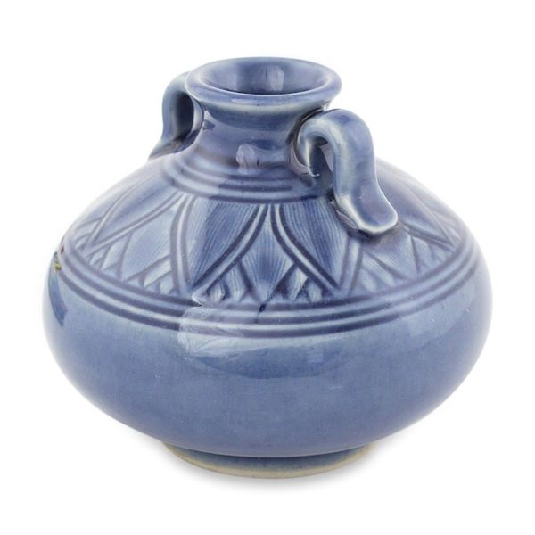 Alternate image for Dark Blue Classic Thai Celadon Ceramic Vase Sawankhalok Sapphire Lotus