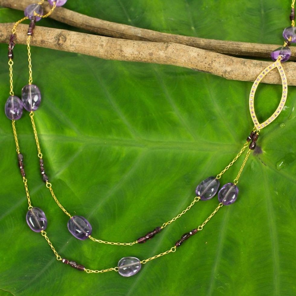 Amethyst and Garnet on Gold Plated Silver 35-Inch Necklace 'Lyrical Lanna'