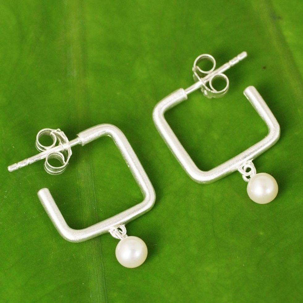 Cultured Pearl and Brushed Satin Silver Half Hoop Earrings 'Femininity Squared'