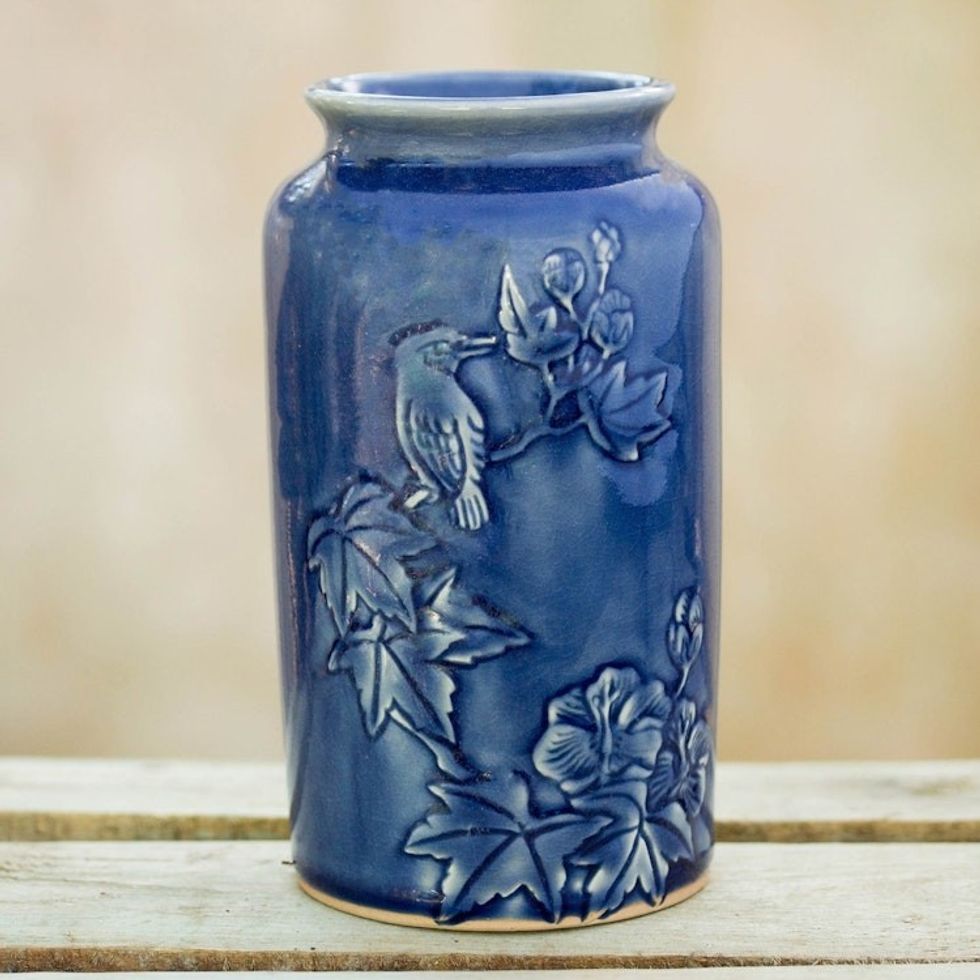 Thai Artisan Crafted Blue Ceramic Vase with Bird Motif 'Peaceful in Blue'