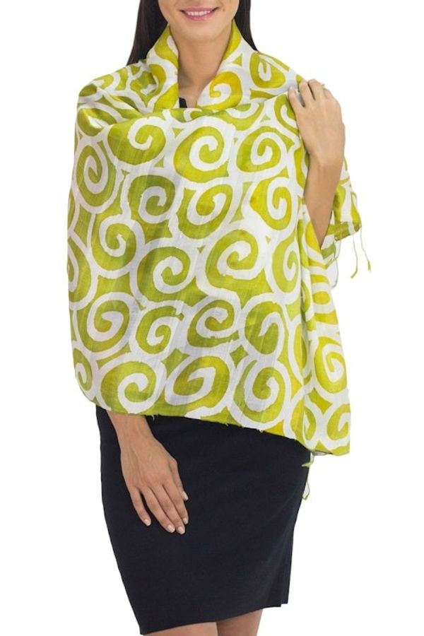 Alternate image for Bright Chartreuse and White Spiral Motif Silk Shawl Chartreuse Thai Maze