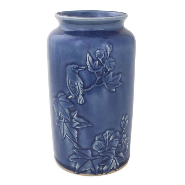 Alternate image for Thai Artisan Crafted Blue Ceramic Vase with Bird Motif Peaceful in Blue