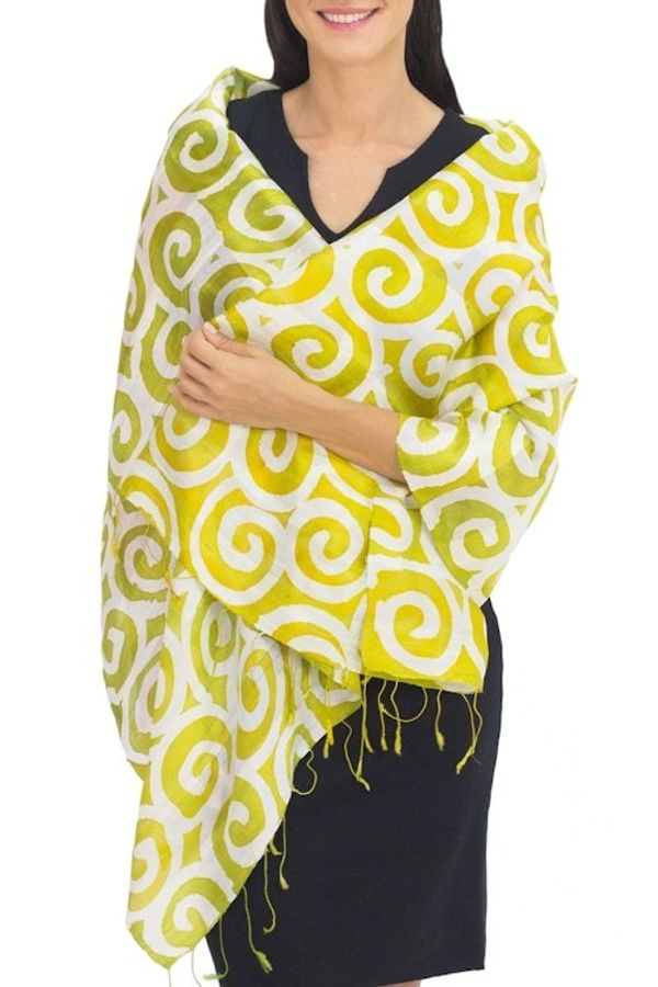 Alternate image for Bright Chartreuse and White Spiral Motif Silk Shawl Chartreuse Thai Maze
