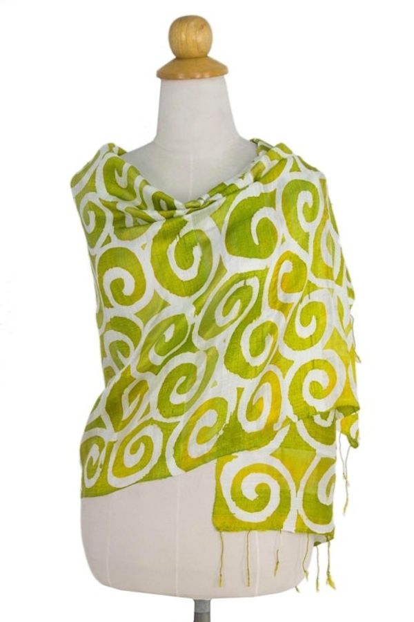 Alternate image for Bright Chartreuse and White Spiral Motif Silk Shawl Chartreuse Thai Maze