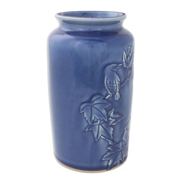 Alternate image for Thai Artisan Crafted Blue Ceramic Vase with Bird Motif Peaceful in Blue
