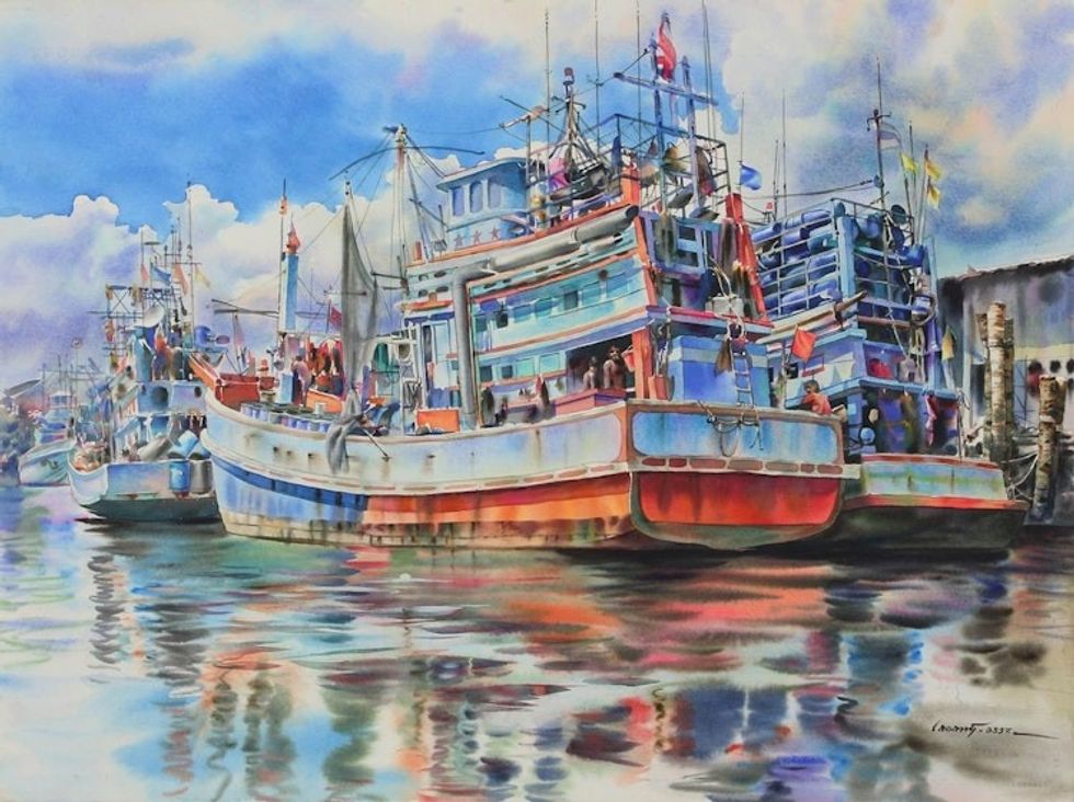 Painting of Thai Fishing Boats in Realistic Watercolors 'Chaao-Lay Way of Life II'