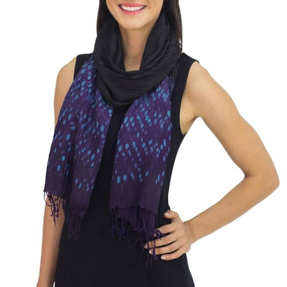 Black Tie Dyed Pin Tuck Scarf with Purple and Blue 'Black Purple Kaleidoscopic'