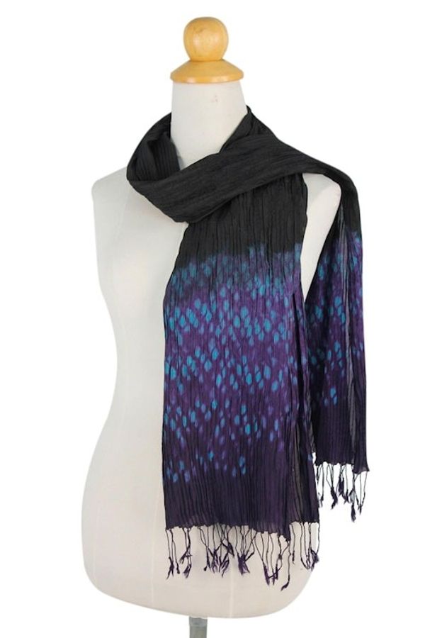 Alternate image for Black Tie Dyed Pin Tuck Scarf with Purple and Blue Black Purple Kaleidoscopic