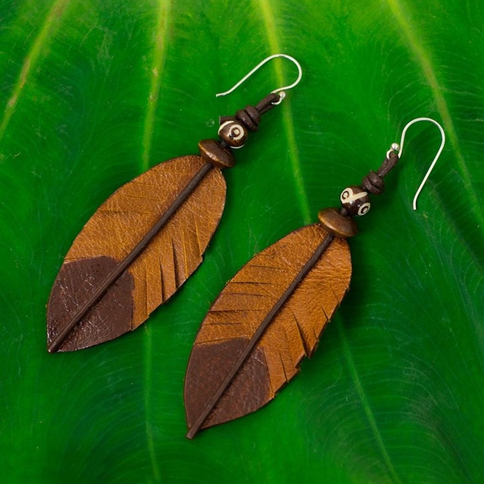 Feather-Shaped Earrings Crafted from Leather, Bone and Wood 'Brown Feather'