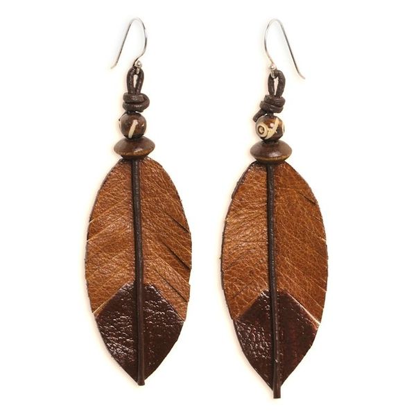 Alternate image for Feather-Shaped Earrings Crafted from Leather, Bone and Wood Brown Feather