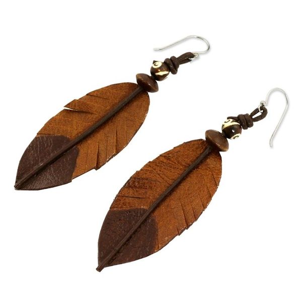 Alternate image for Feather-Shaped Earrings Crafted from Leather, Bone and Wood Brown Feather