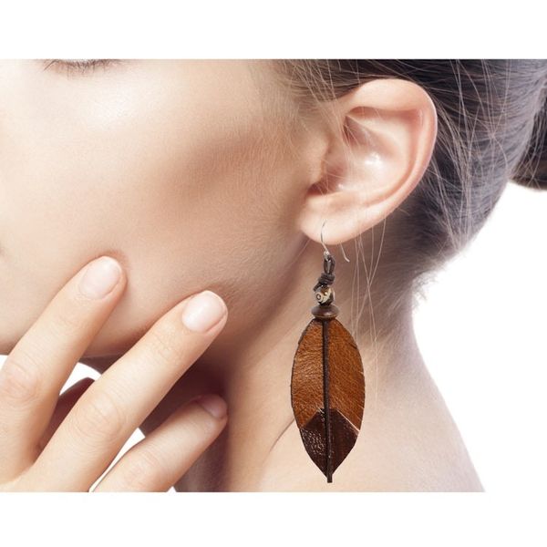 Alternate image for Feather-Shaped Earrings Crafted from Leather, Bone and Wood Brown Feather