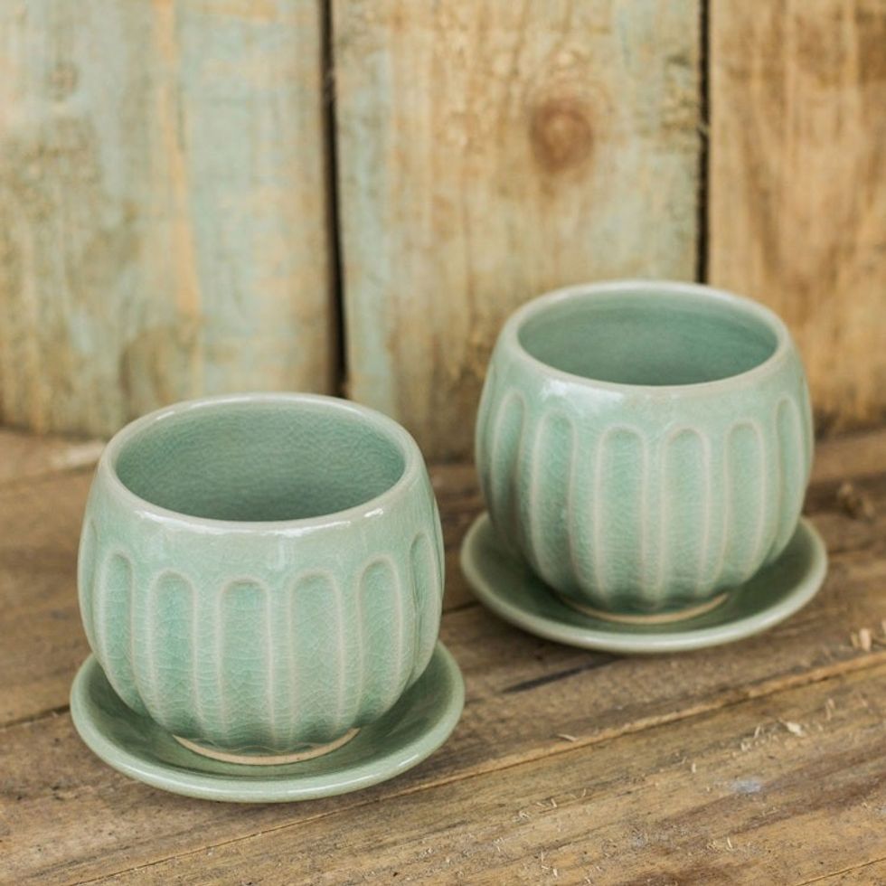 Fair Trade Thai Celadon Ceramic Teacups and Saucers pair 'Thai Jade'