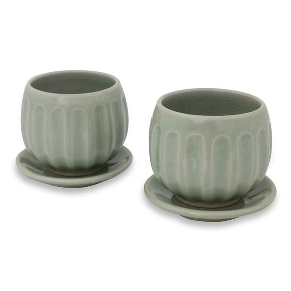 Alternate image for Fair Trade Thai Celadon Ceramic Teacups and Saucers pair Thai Jade
