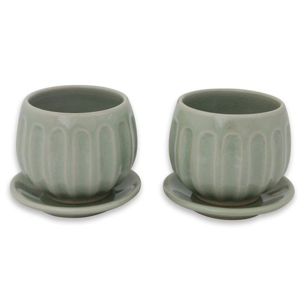 Alternate image for Fair Trade Thai Celadon Ceramic Teacups and Saucers pair Thai Jade