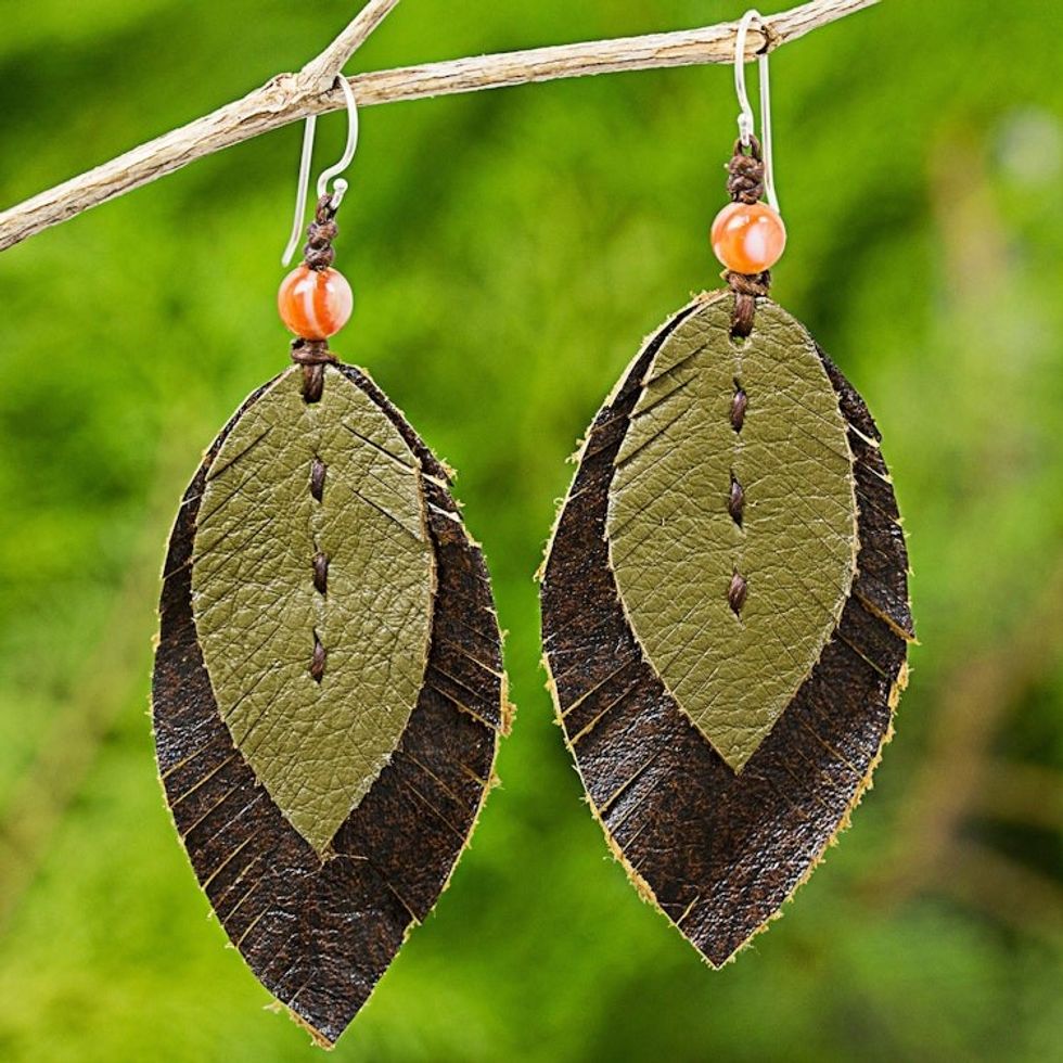 Artisan Crafted Carnelian and Leather Dangle Earrings 'Leafy Traditions'