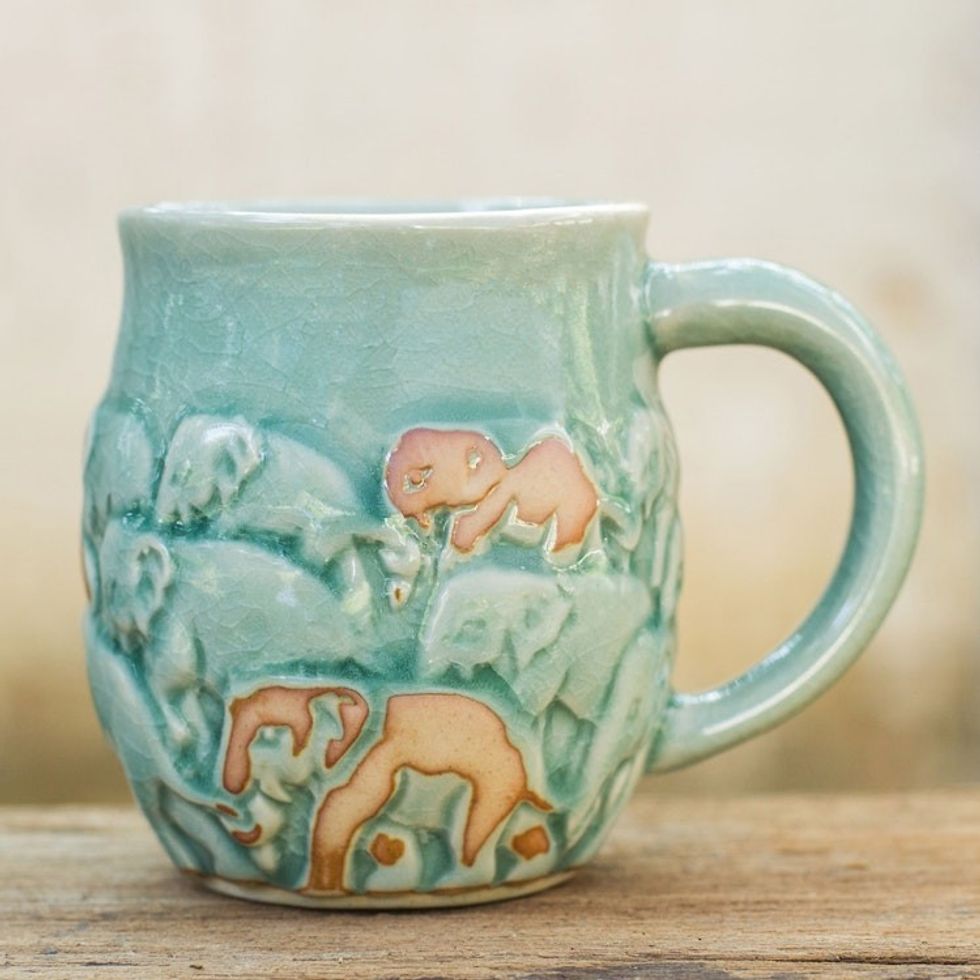 Glazed Celadon Ceramic 10 oz Mug with Brown Accents 'Light Blue Elephant Herd'