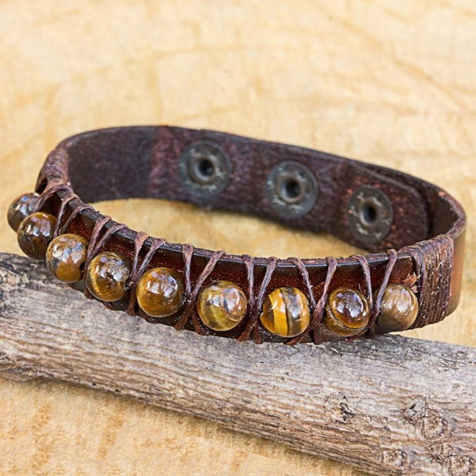 Handmade Tiger's Eye and Leather Band Bracelet from Thailand 'Rock Walk'