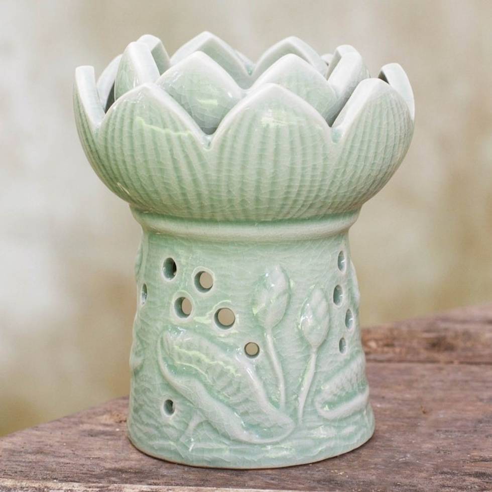 Handcrafted Thai Ceramic Oil Warmer Green Floral Tealight 'Fragrant Lotus'