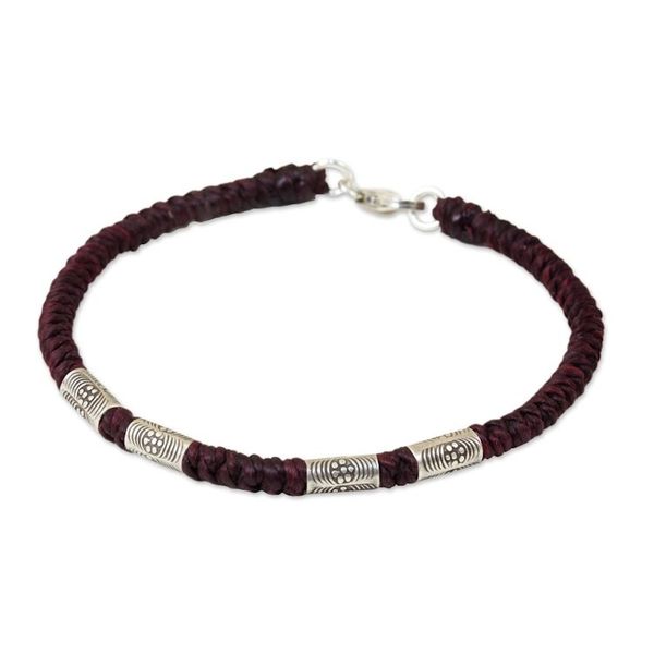 Alternate image for 950 Silver Accent Wristband Braided Bracelet from Thailand Simply Happy in Maroon