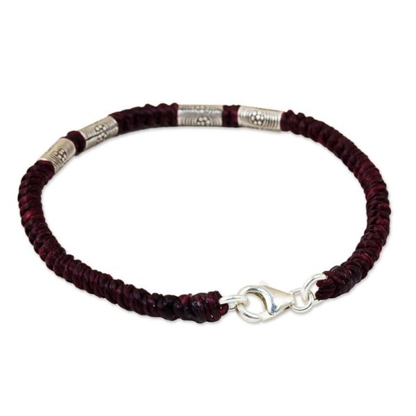 Alternate image for 950 Silver Accent Wristband Braided Bracelet from Thailand Simply Happy in Maroon