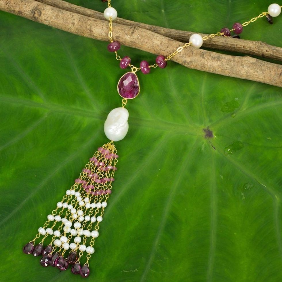 Gold Plated Silver and Gemstone Necklace with Pearl and Ruby 'Siam Sonnet'