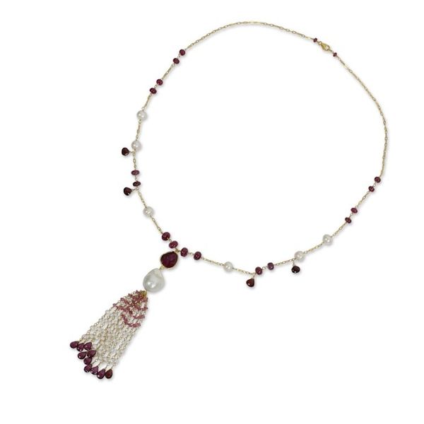 Alternate image for Gold Plated Silver and Gemstone Necklace with Pearl and Ruby Siam Sonnet
