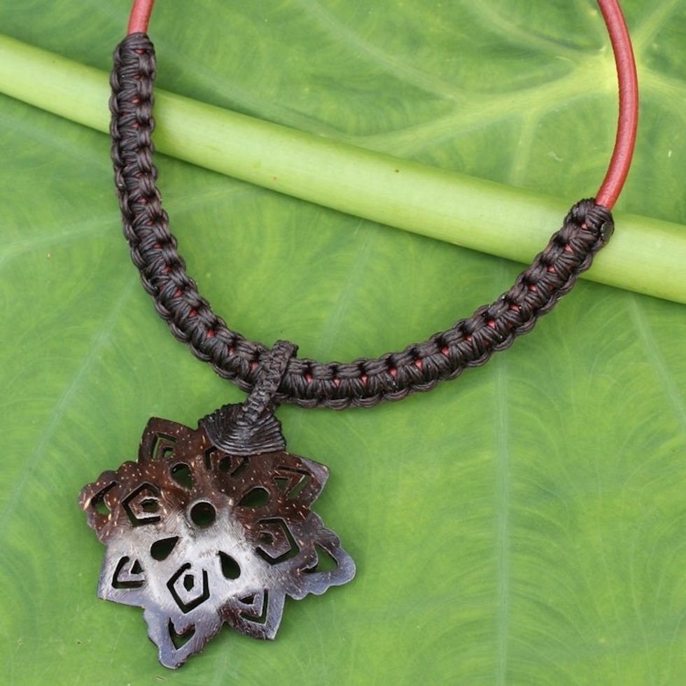 Handmade Coconut Shell Pendant Necklace with Macrame 'Thai Proud'